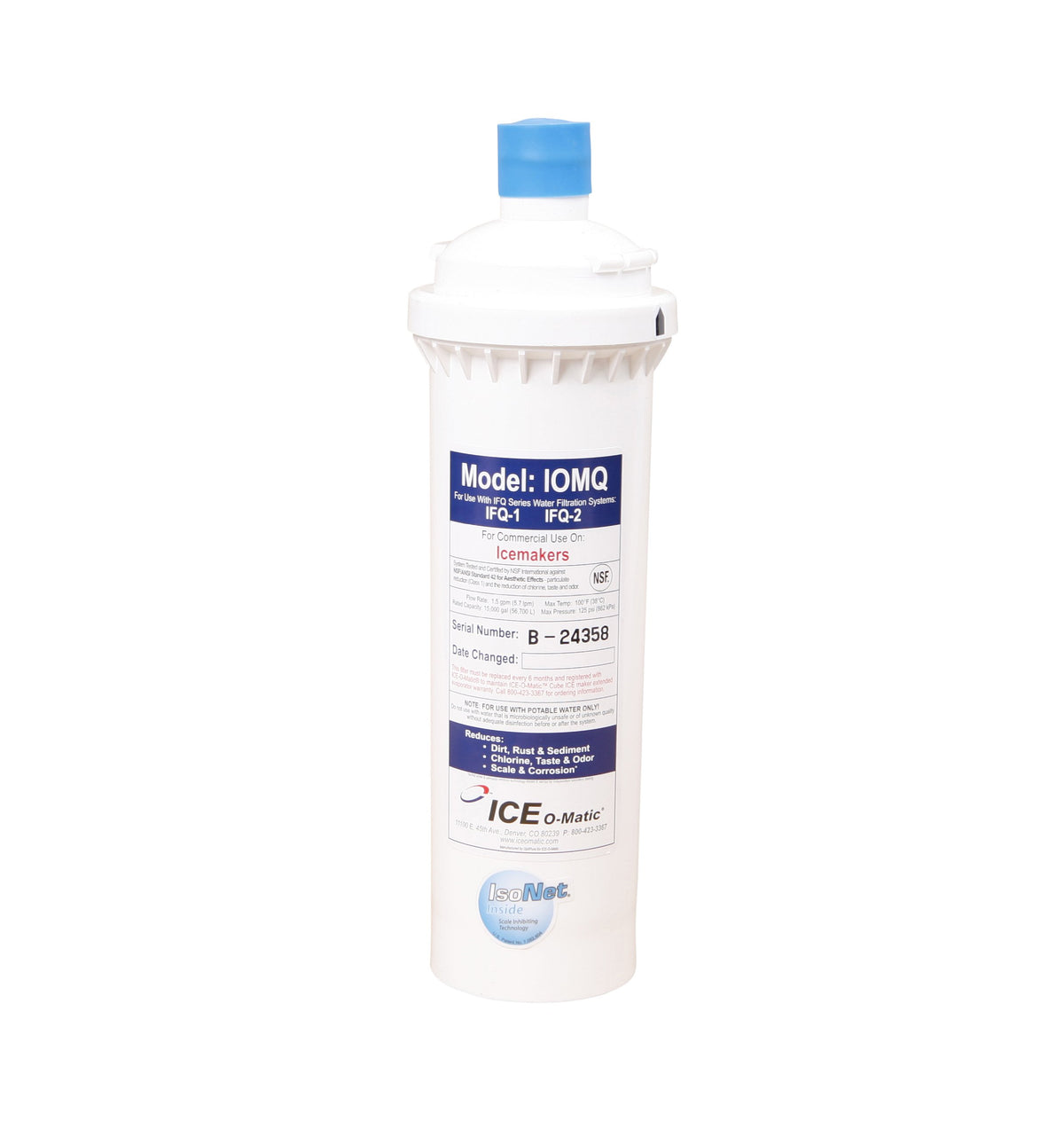 Ice-O-Matic IOMQ replacement filter cartridge for IFQ1/IFQ2 reduces chlorine taste and scale buildup.