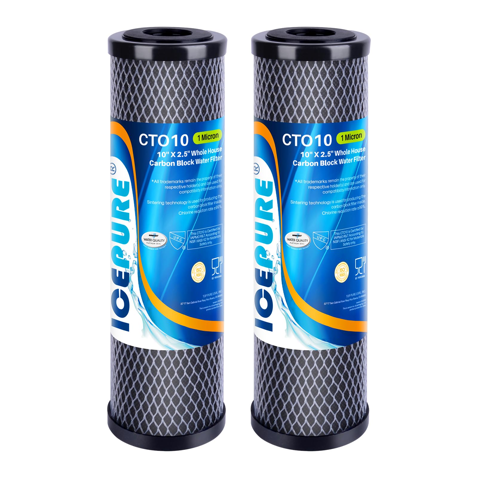 ICEPURE 1-micron 2.5x10 cartridge ready for whole-house use, reduces taste and odor.