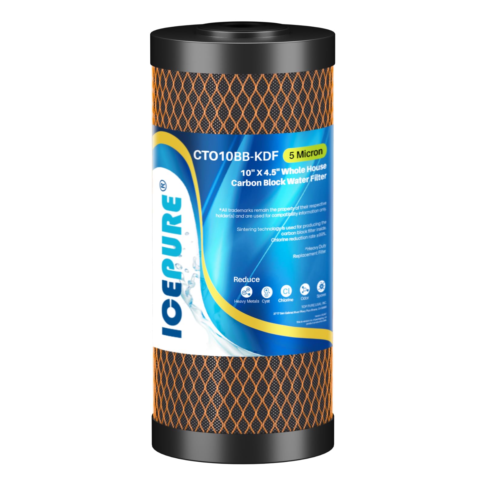IcePURE 5-micron CTO10BB-KDF filter cartridge ready for a 4.5x10 housing improves water clarity.