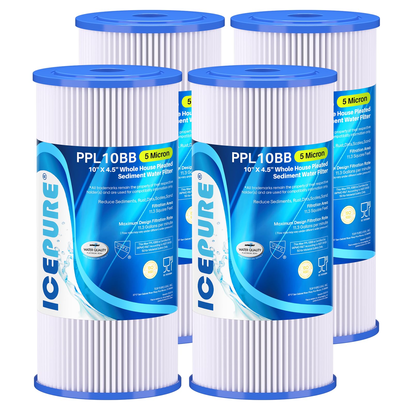 ICEPURE 5-micron pleated filter front view, ideal for whole-house protection.