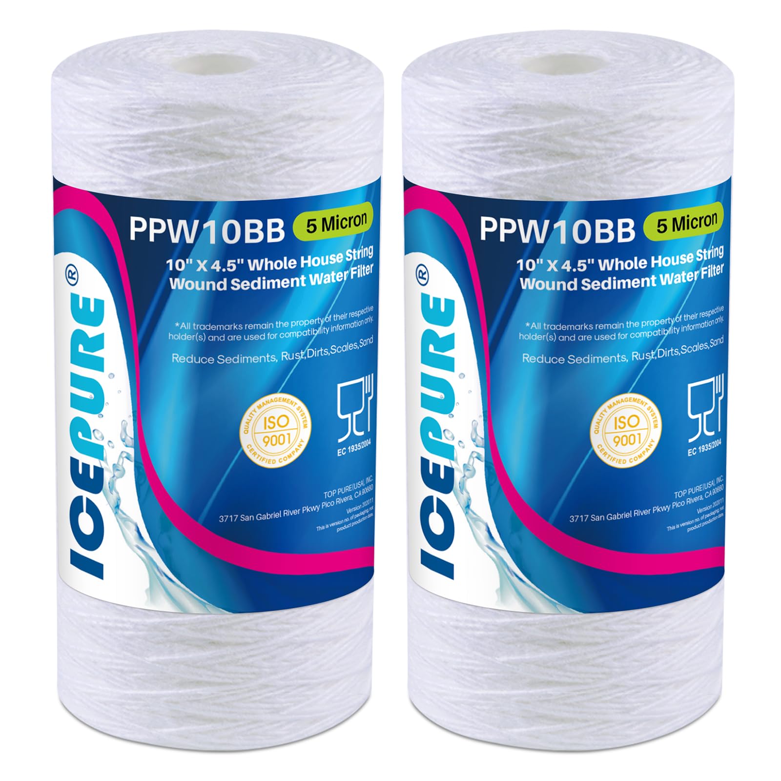 ICEPURE 5-micron sediment filter for 10x4.5 inch housings improves water clarity.