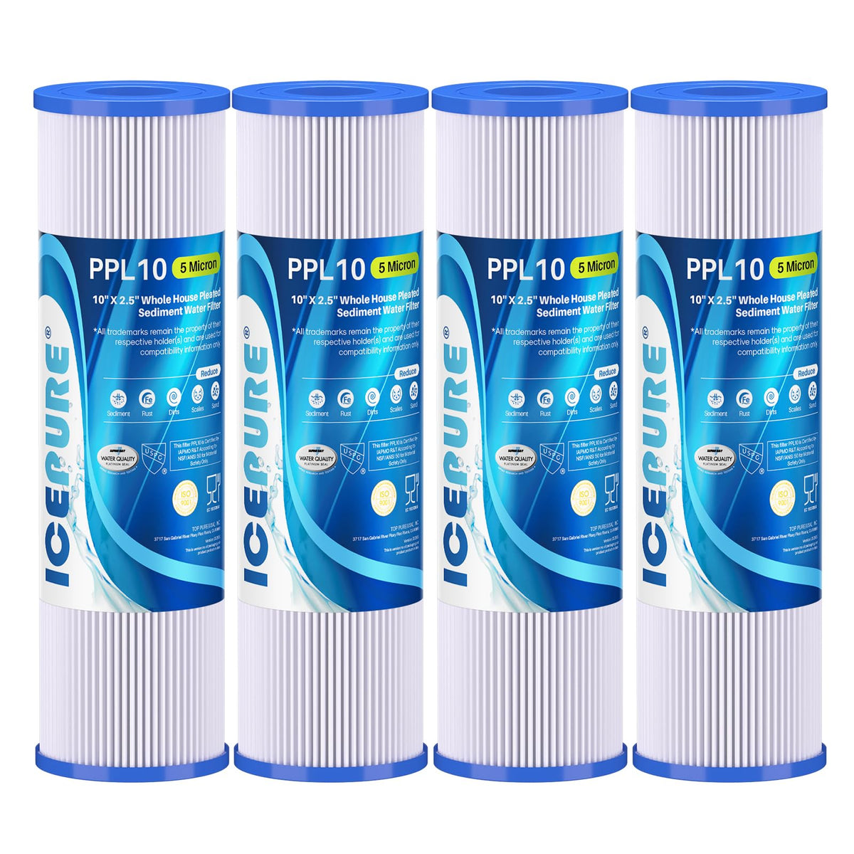 ICEPURE 4-pack pleated sediment filter in a pack-shot, ready for installation.