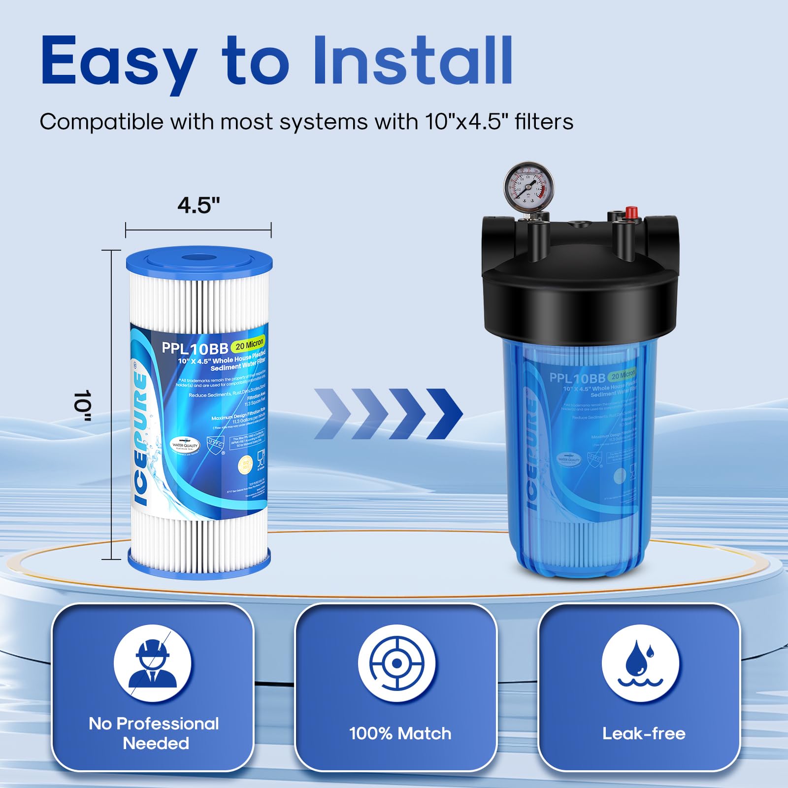 ICEPURE pleated sediment filter design boosts dirt-holding capacity for longer-lasting filtration.