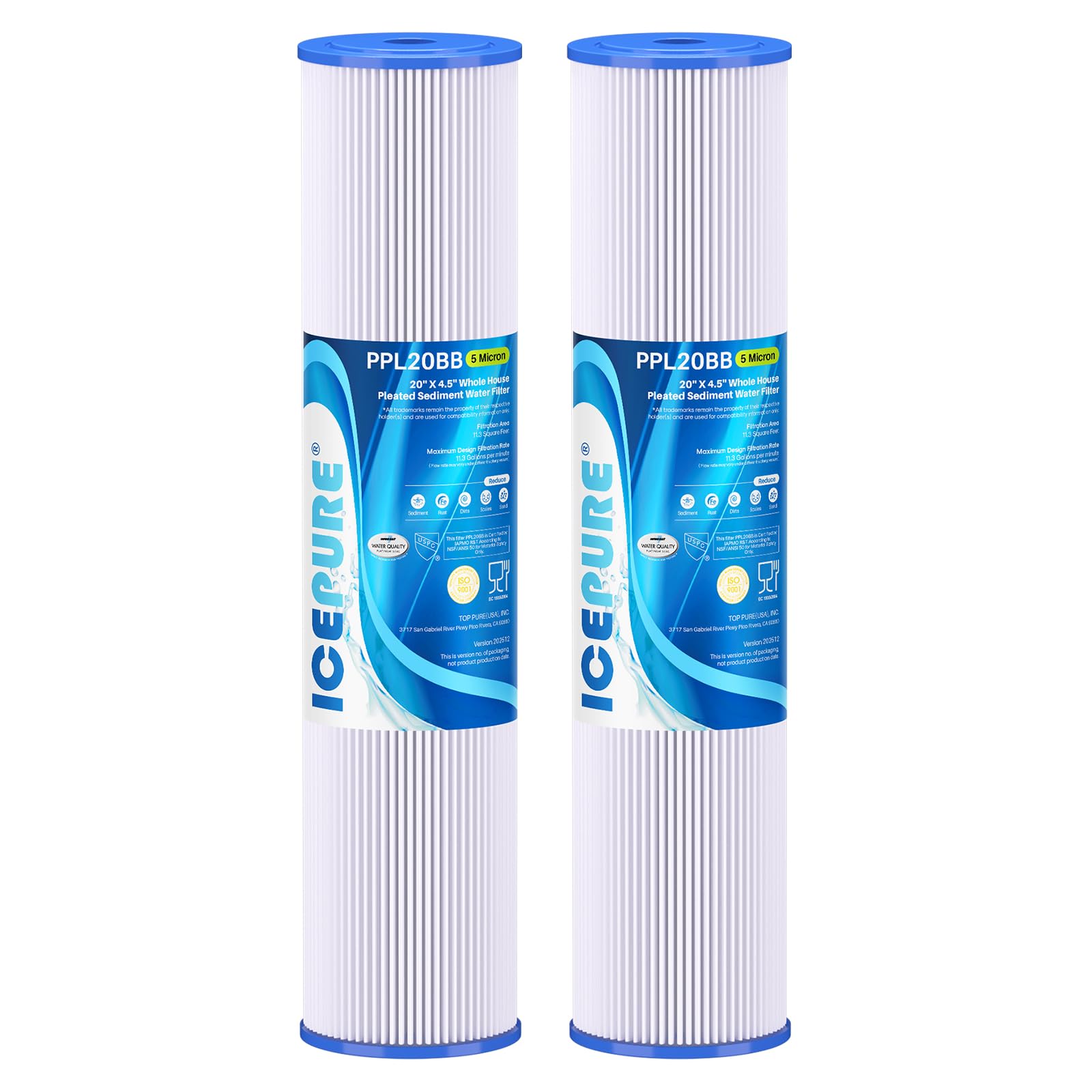 ICEPURE PPL20BB pleated sediment filter capturing rust and sediment in home water