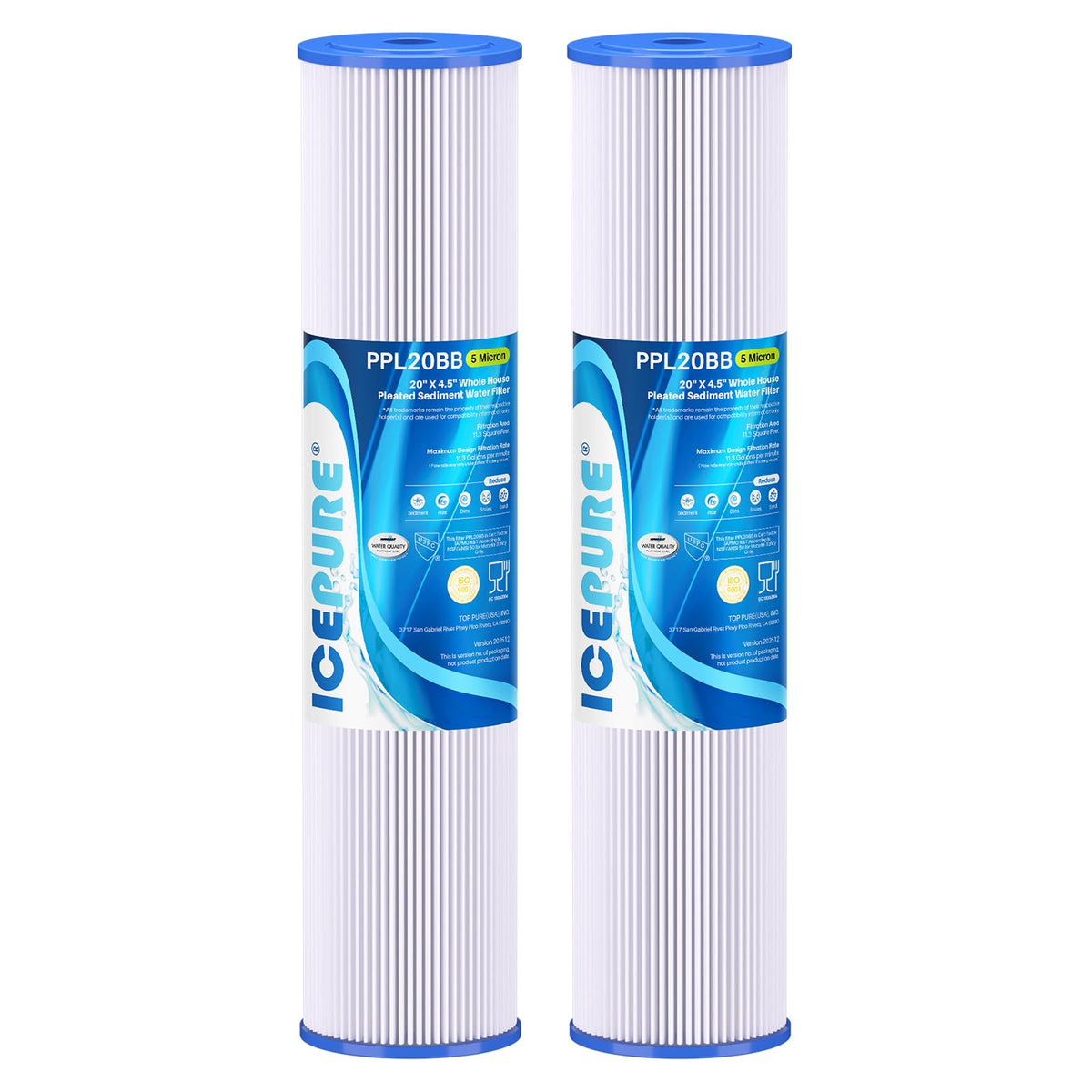 ICEPURE PPL20BB pleated sediment filter capturing rust and sediment in home water