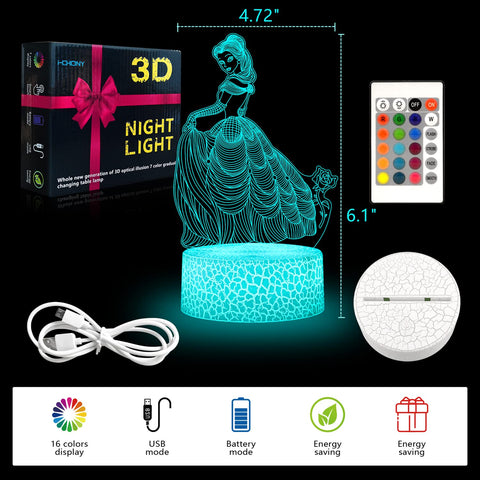 i-CHONY princess night light USB and battery power options for flexible placement