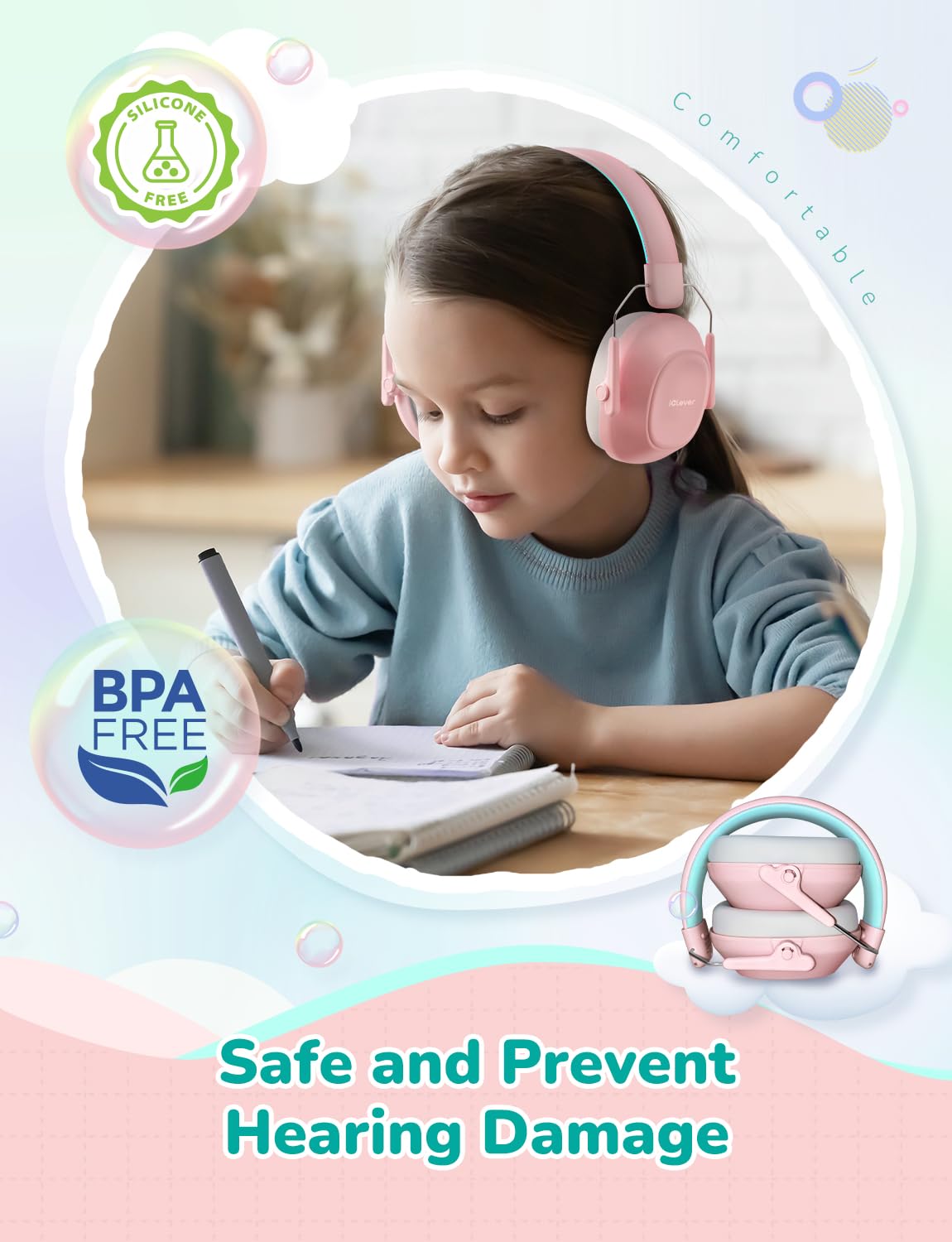 iClever kid-friendly safety earmuffs with BPA-free materials safeguard sensitive ears.