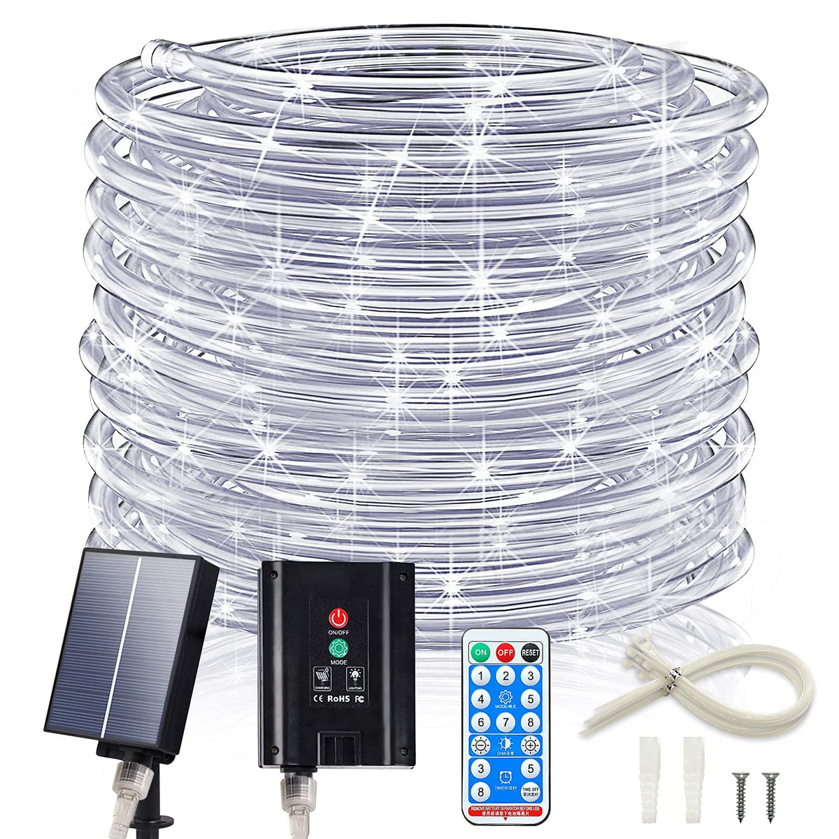 ICRGB Solar Rope Lights 66ft 200 LEDs for outdoor lighting with easy setup.