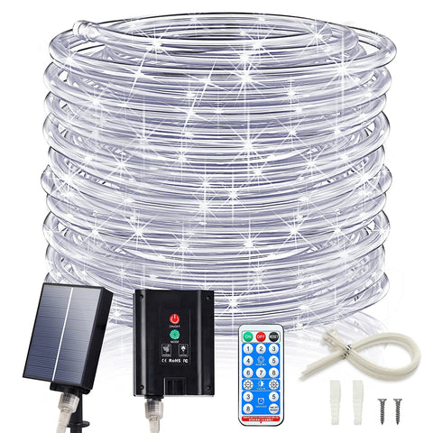 ICRGB Solar Rope Lights 66ft 200 LEDs for outdoor lighting with easy setup.