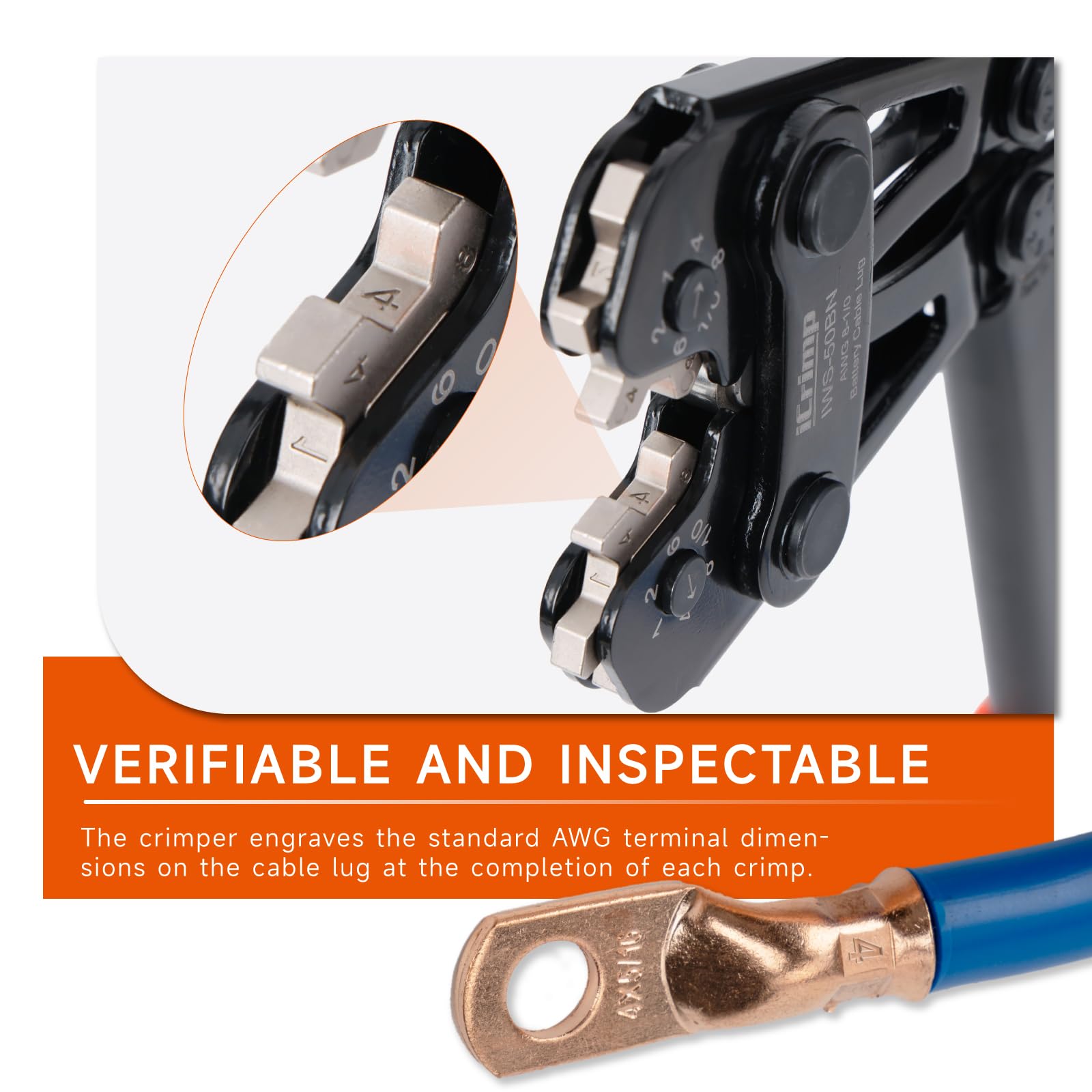 iCRIMP tool handles 4 AWG lugs for steady, high-capacity crimps.