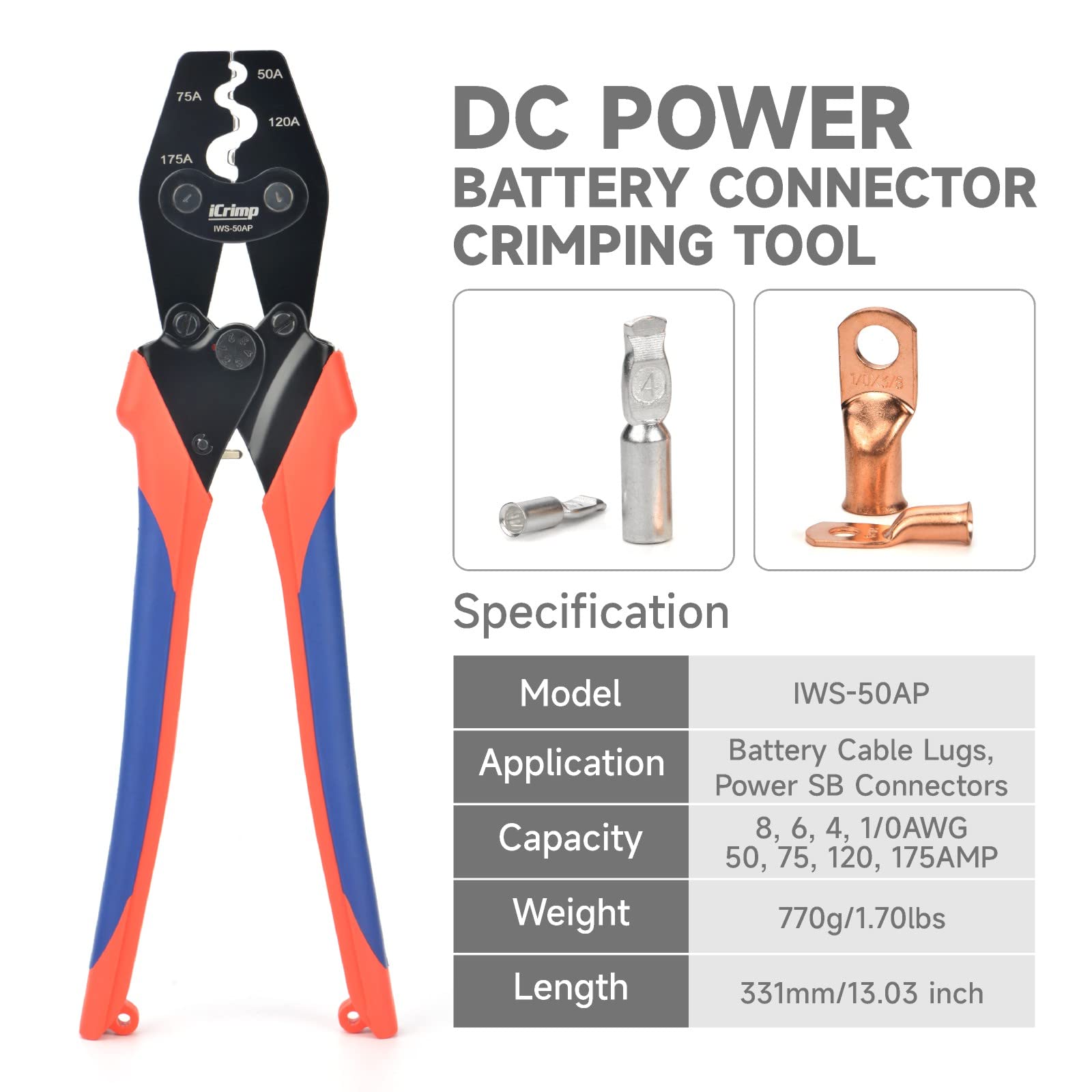 iCRIMP IWS-50AP supports SB50 SB120 SB175 connectors for versatile battery builds.