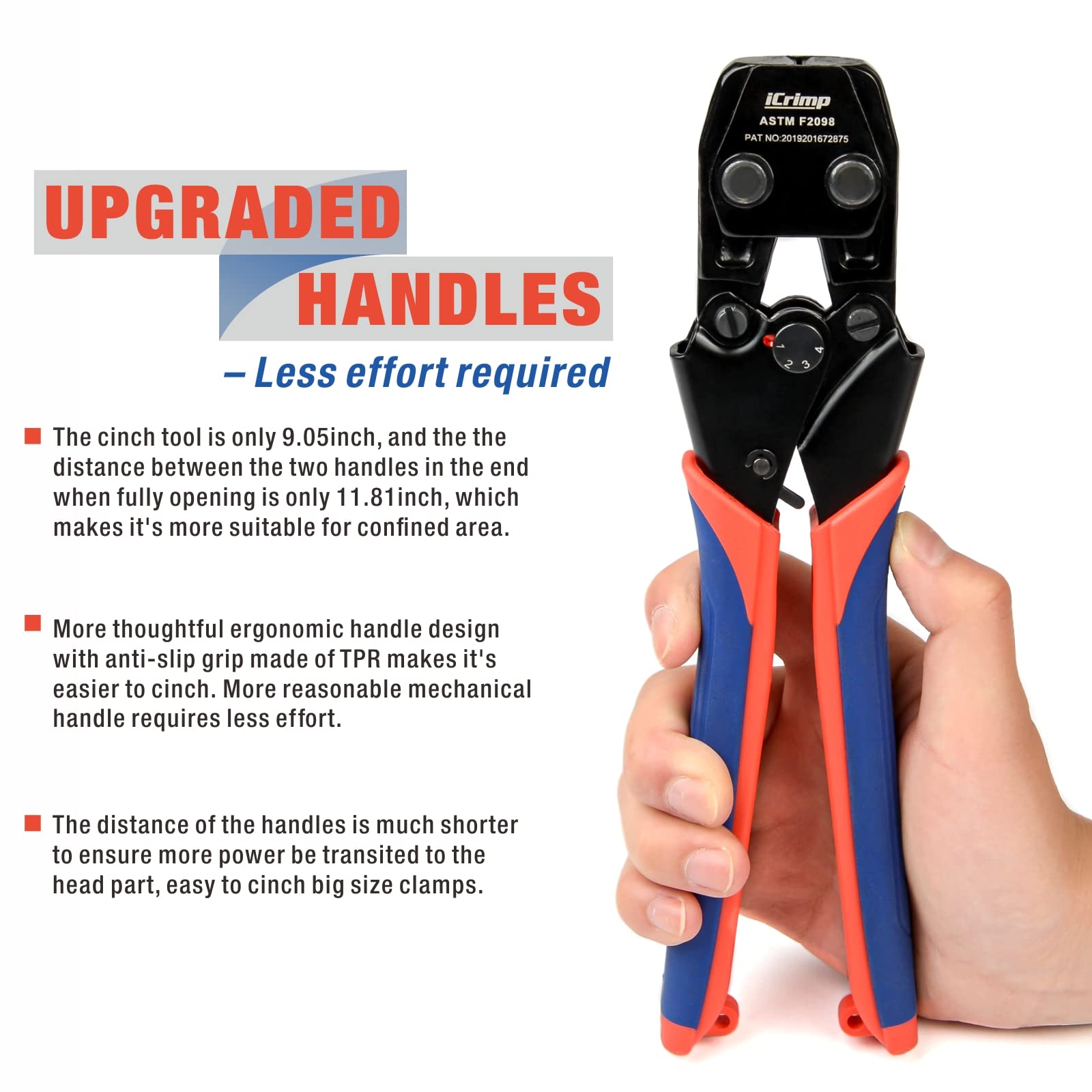 iCRIMP mini cinch tool compatible with ASTM F2098 stainless clamps