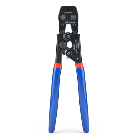 iCRIMP ratchet PEX cinch-remove tool ready for 3/8 to 1-inch clamps.