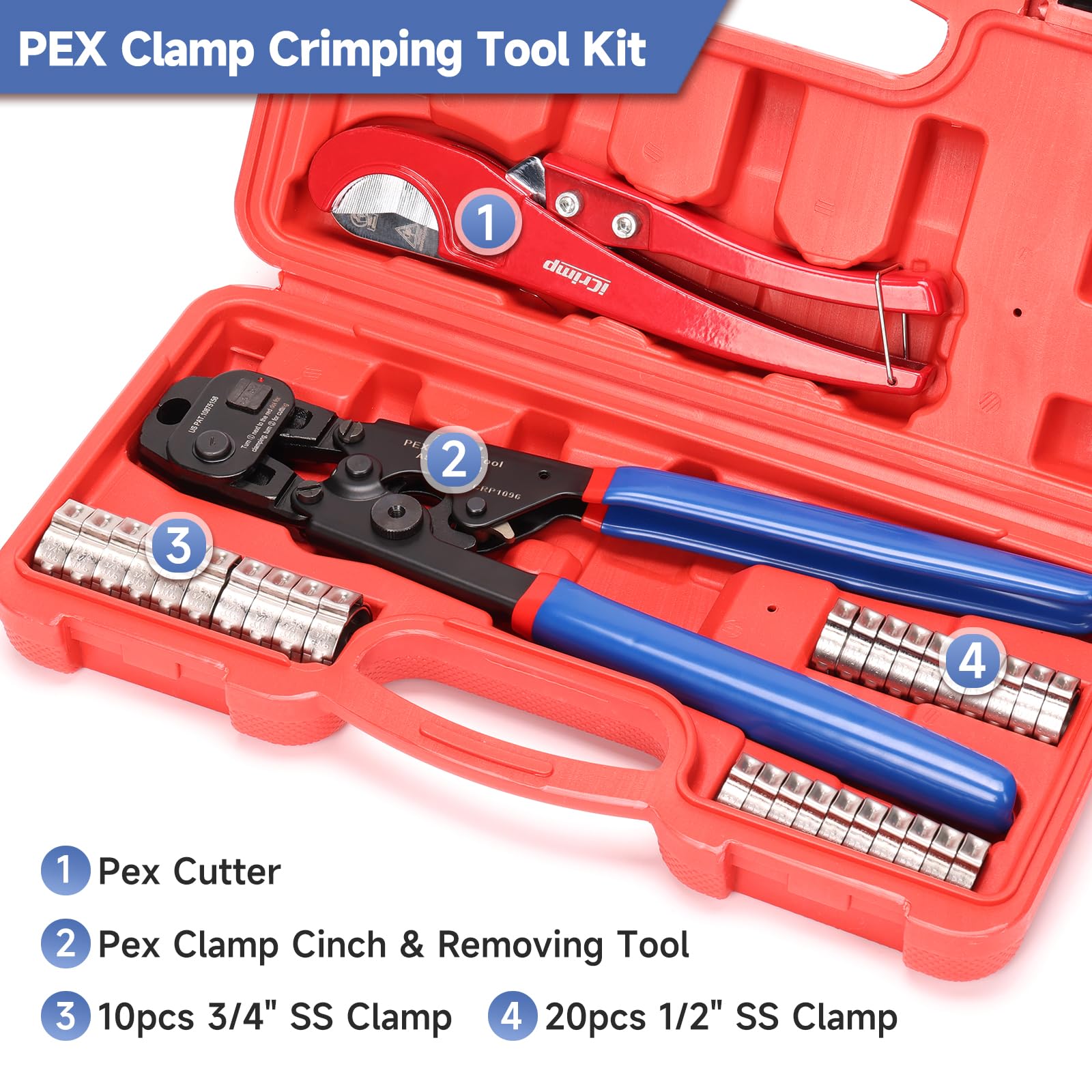 iCRIMP PEX cinch tool in use with stainless steel clamps on pipe