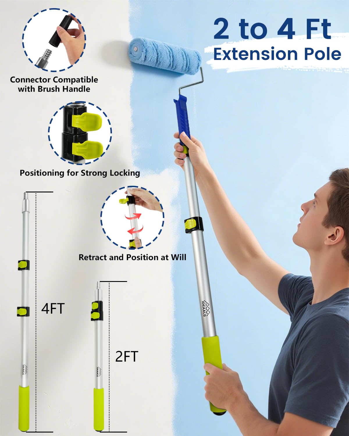 IDEAALS extendable pole from 2 to 4 feet enabling reach to high walls