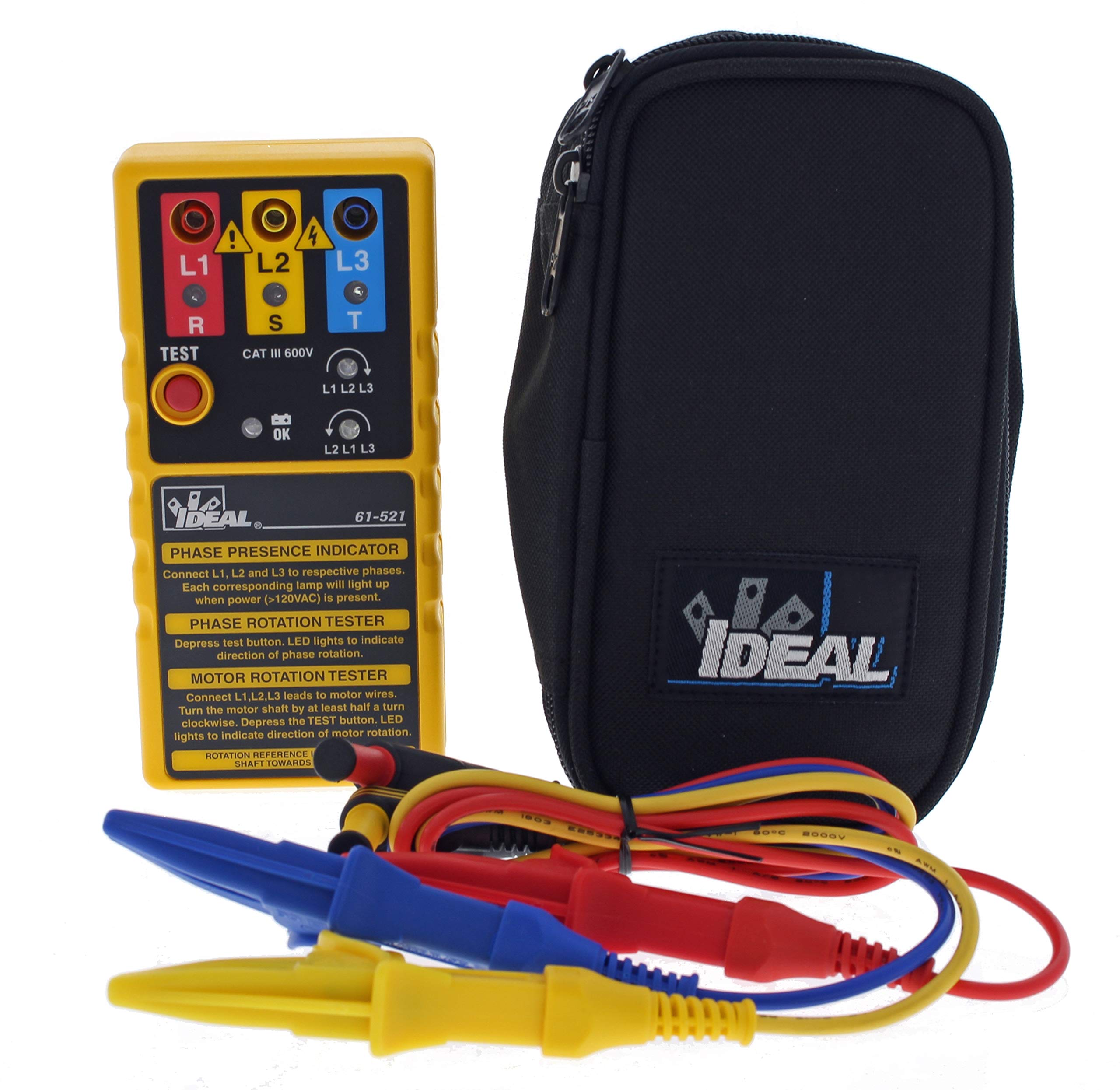 IDEAL 61-521 tester displays three-phase rotation for de-energized motors