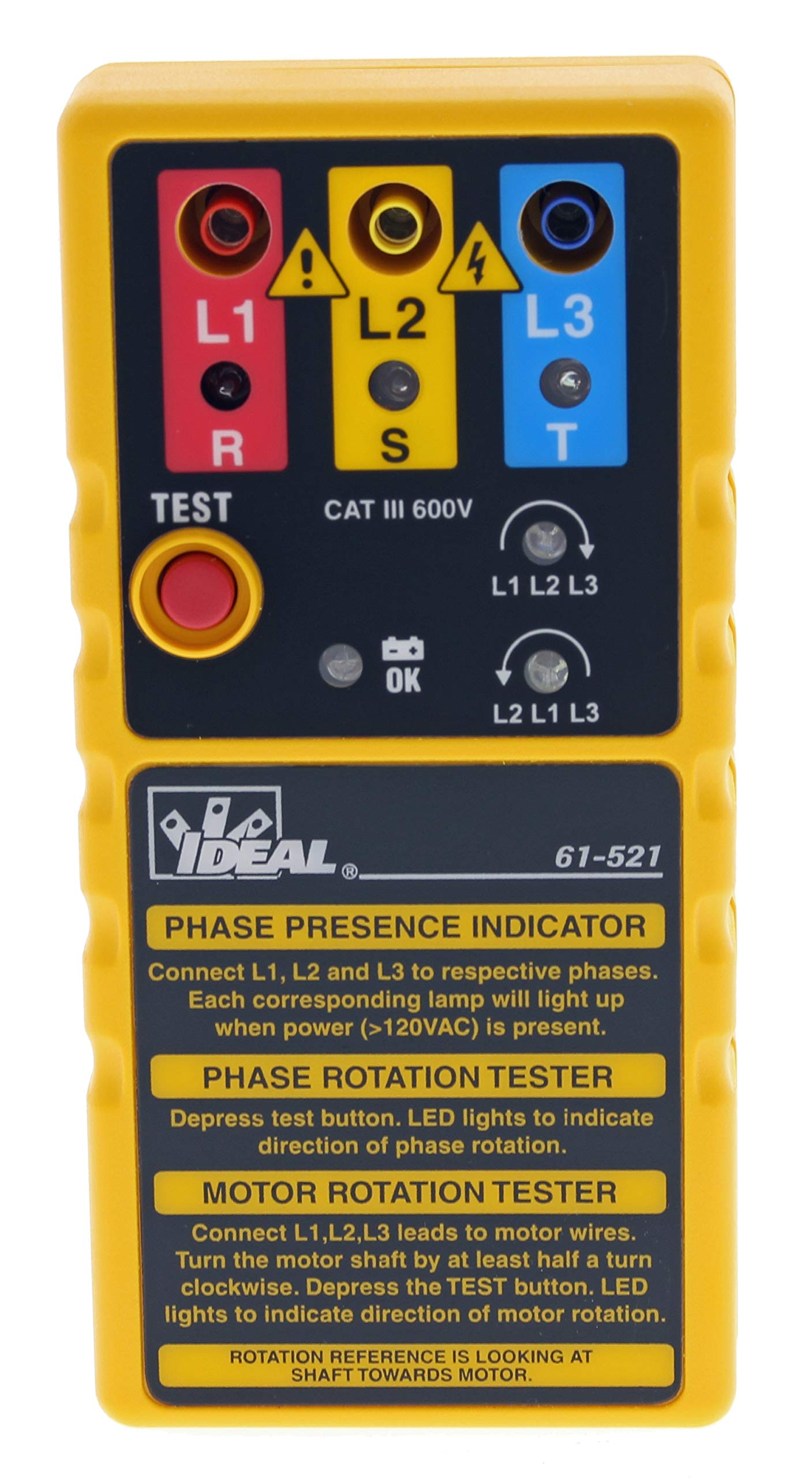 Blue, yellow, and red alligator leads for flexible phase testing