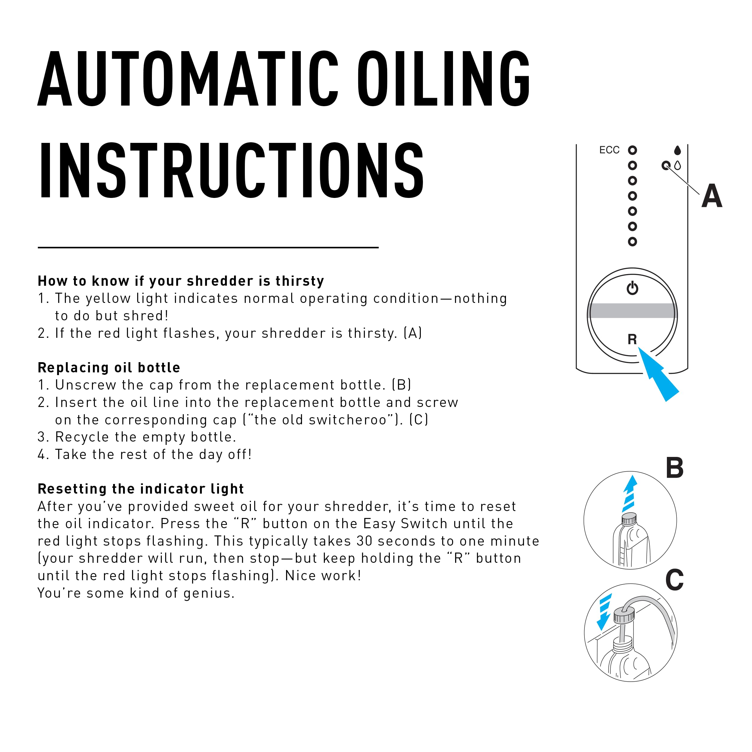 IDEAL Shredder Oil pouring action for immediate blade lubrication.