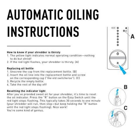 IDEAL Shredder Oil pouring action for immediate blade lubrication.