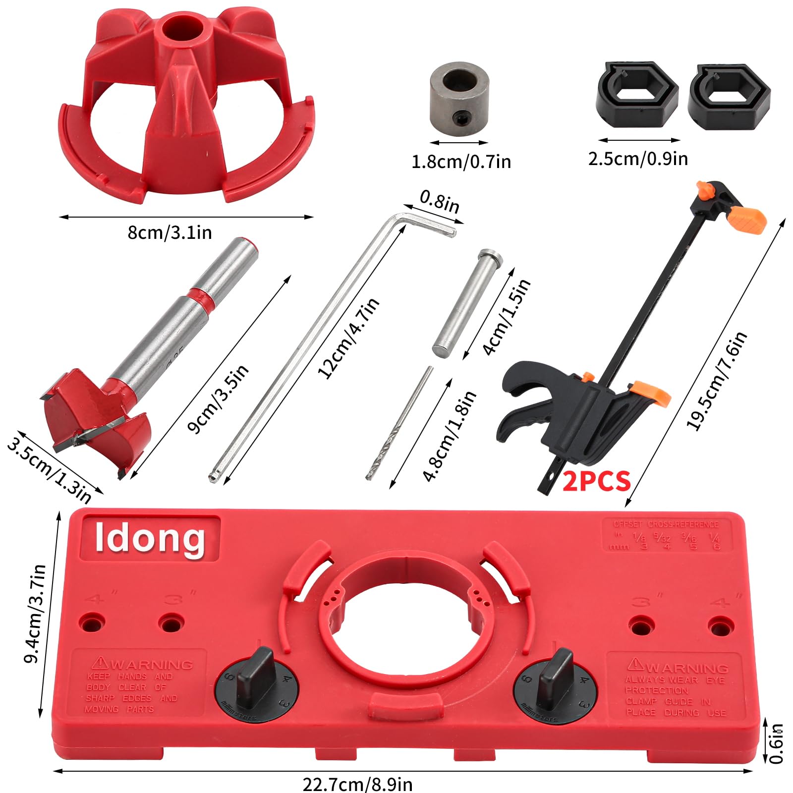 Idong 35mm bit and depth stop setup for standardized hinge hole spacing.