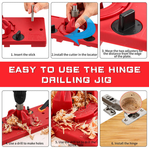 Idong hinge drilling tool in action installing cabinet hinges efficiently.