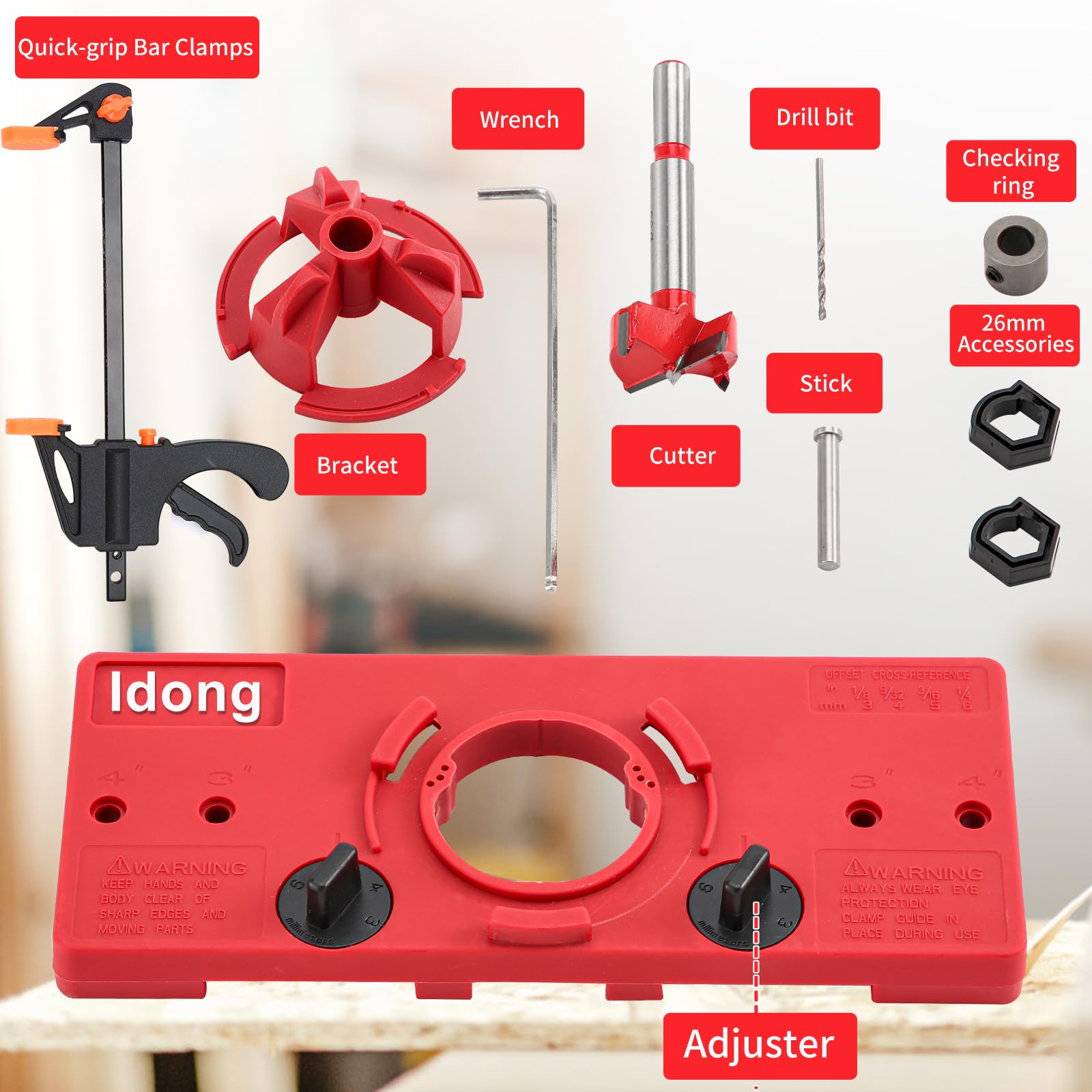 Idong hinge jig dial adjustment in use enables quick, accurate hinge placement.