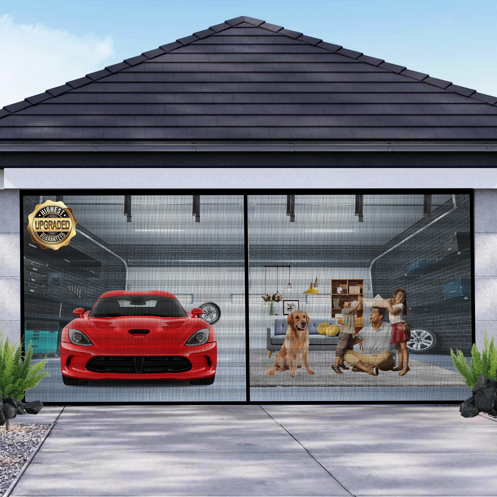 Iduontis garage screen 16x7 fit shows a precise two‑car opening with ample ventilation
