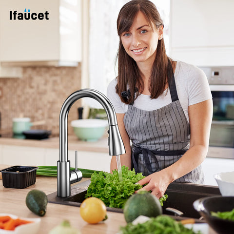 Ifaucet brushed-nickel finish emphasizes durable rust-resistant style.