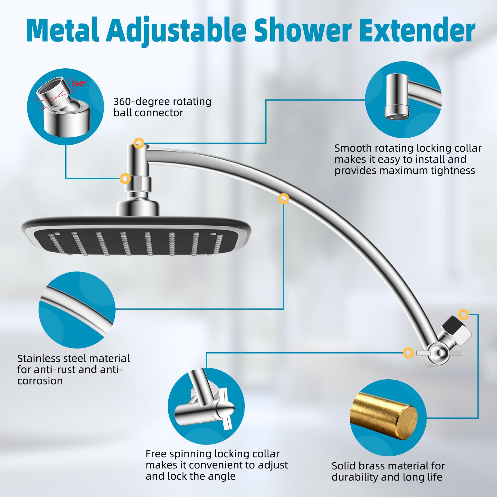 ifealClear adjustable 12-inch shower arm extension raises the head for optimal height