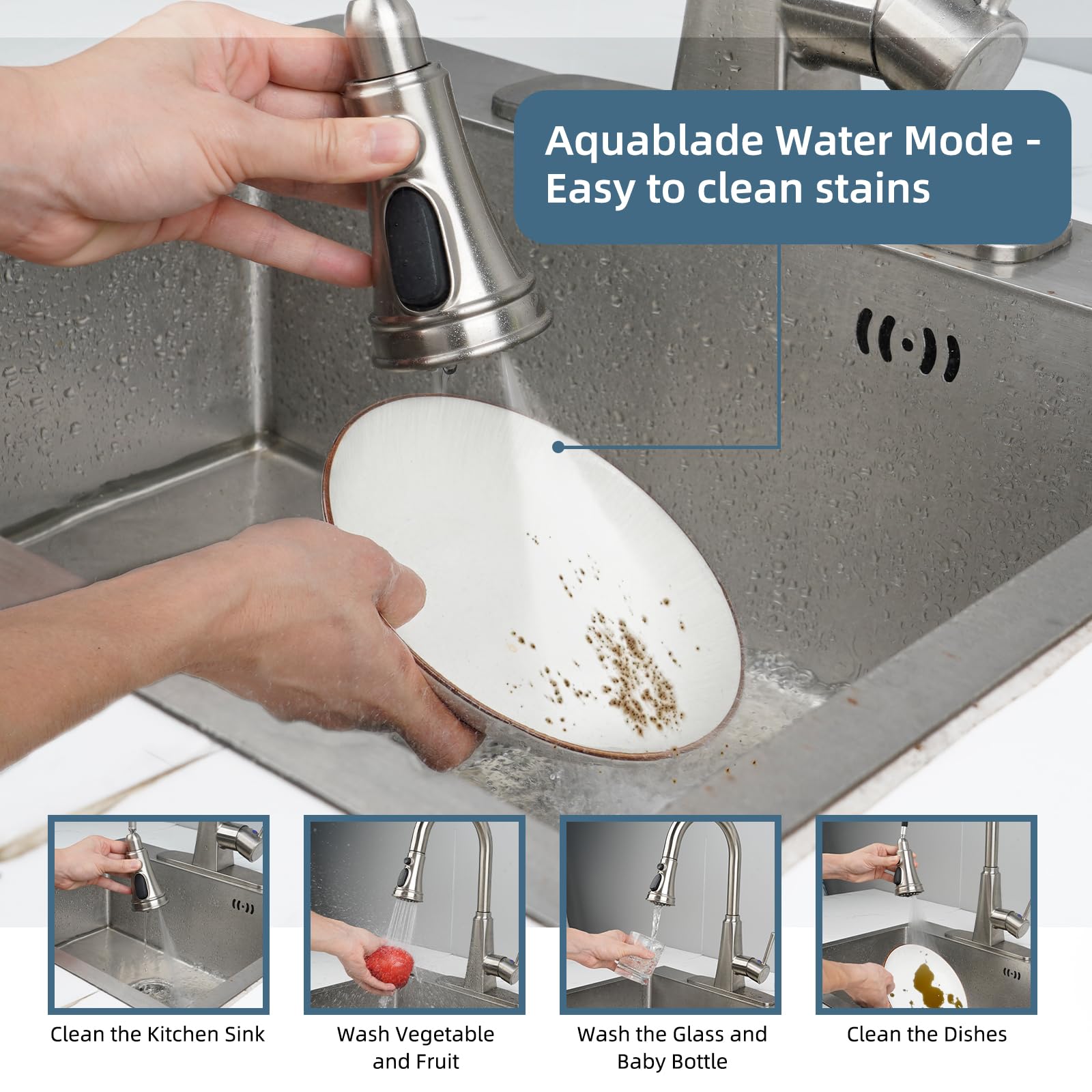 iFealClear brushed nickel finish adds sleek durability to kitchens.