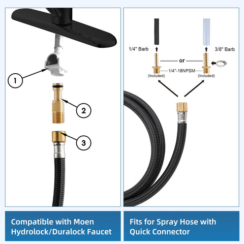 iFealClear quick connector hose attachment highlights adapters for Moen and Delta.