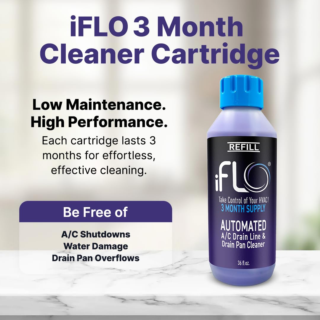 iFLO drain pan cleaner bottle illustrating buildup prevention for clean pans.