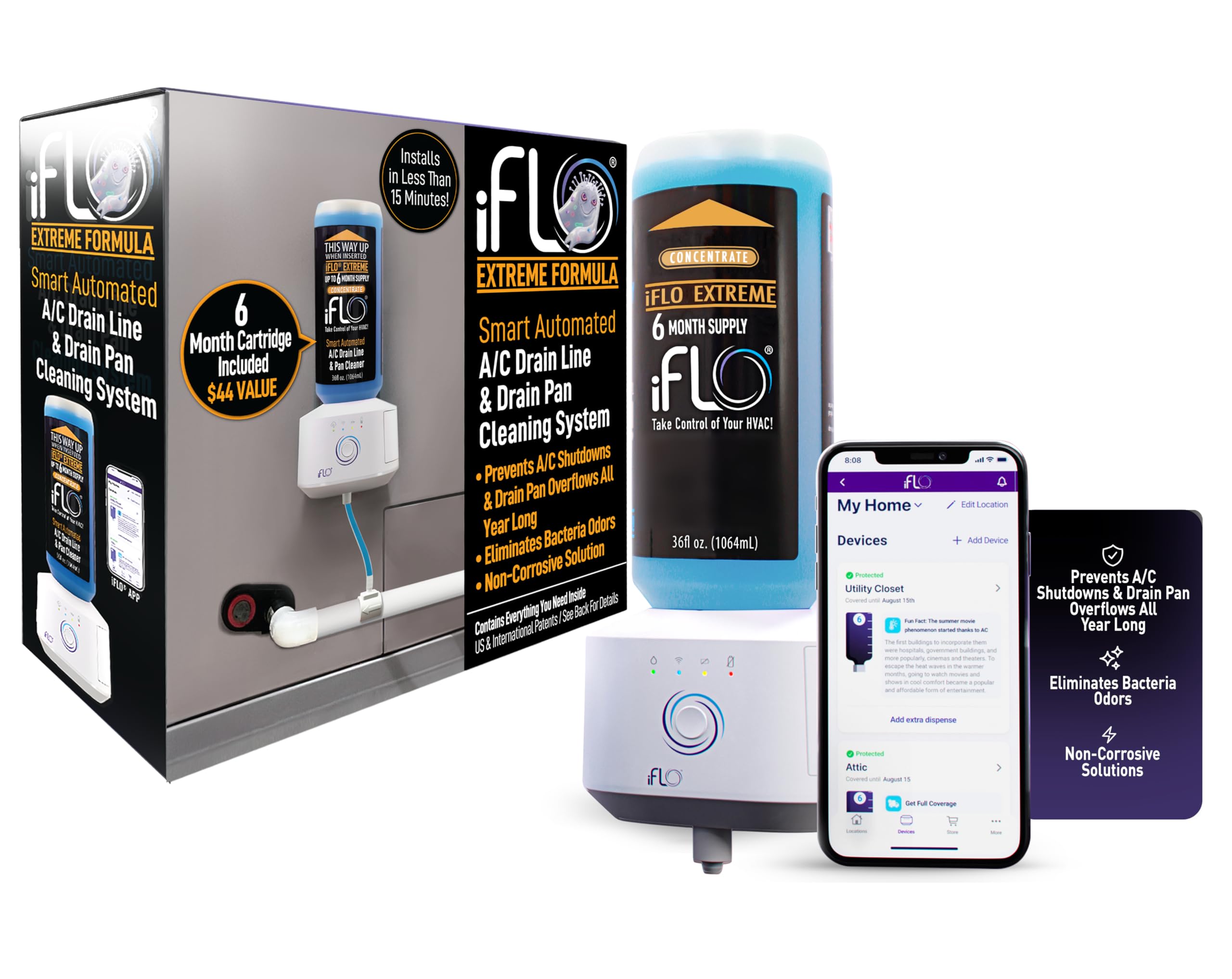 iFLO smart A/C drain line cleaner bottle helps maintain system cleanliness and reduce clogs