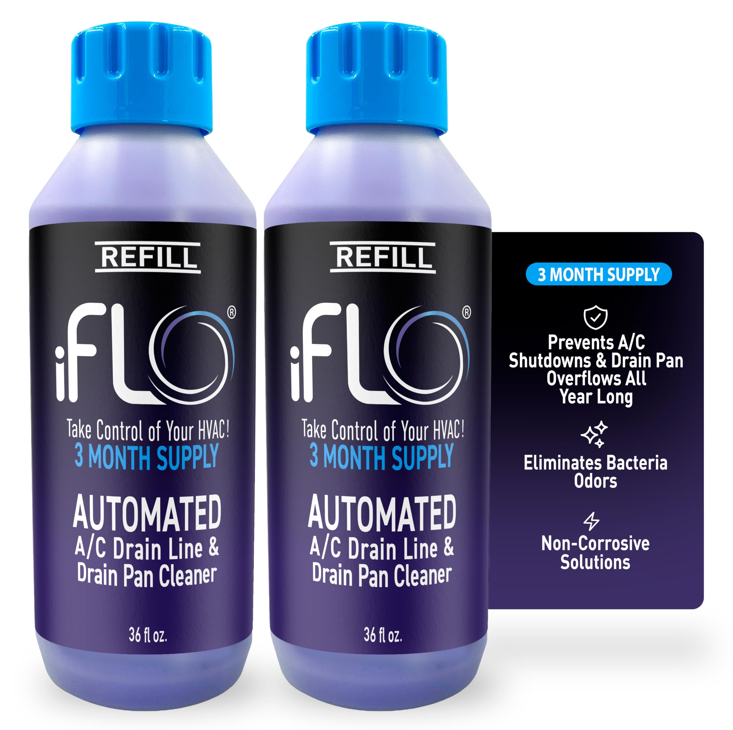 iFLO Smart A/C drain cleaner bottle showing long-lasting maintenance for clear drain lines.
