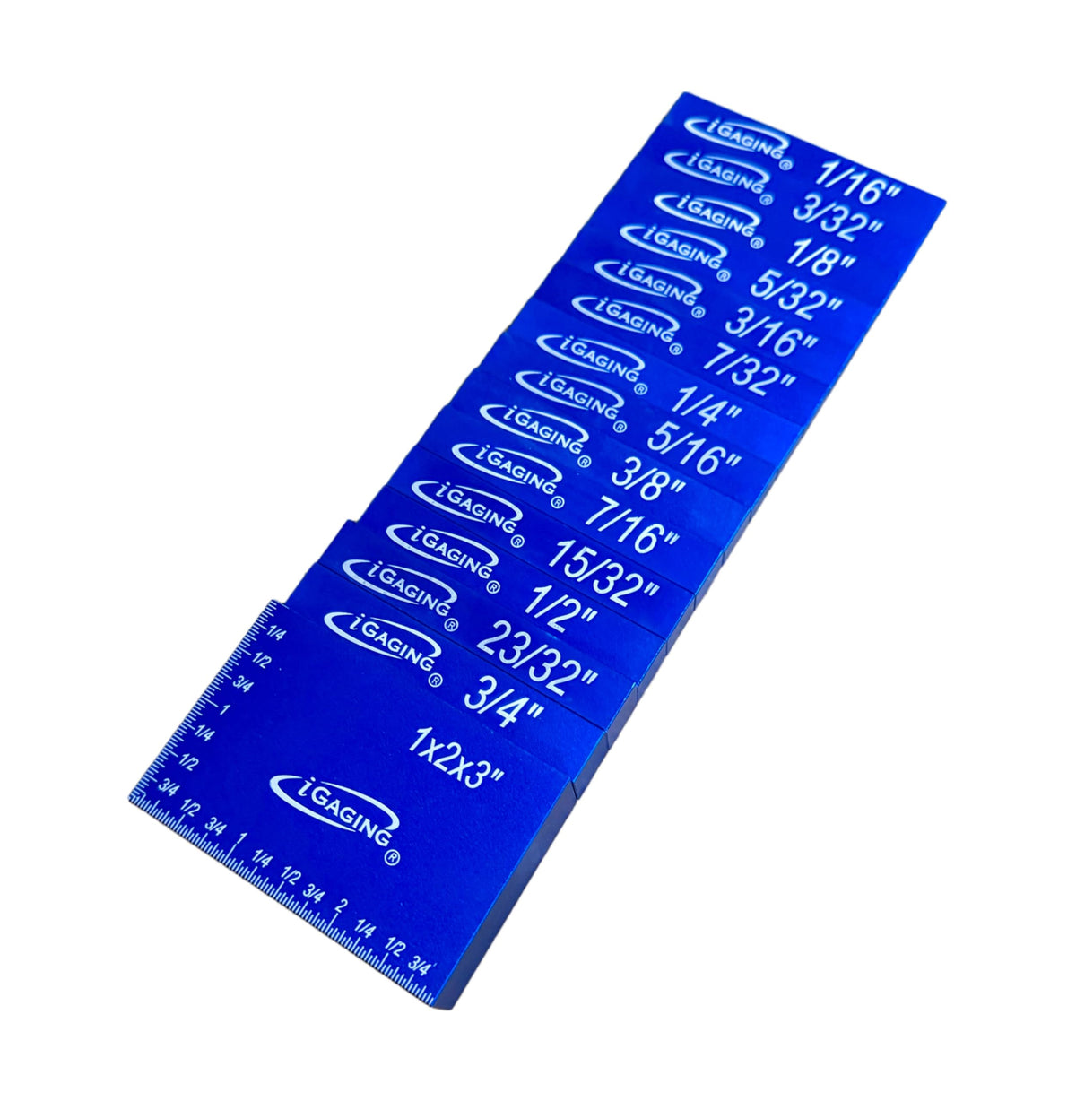 iGaging Setup Block Bar Gauge 15-piece aluminum kit with side view for precision woodwork.