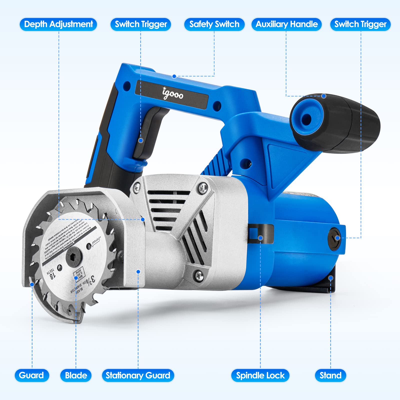 igooo Toe Kick Saw EKS85 wood blade cutting wood surface
