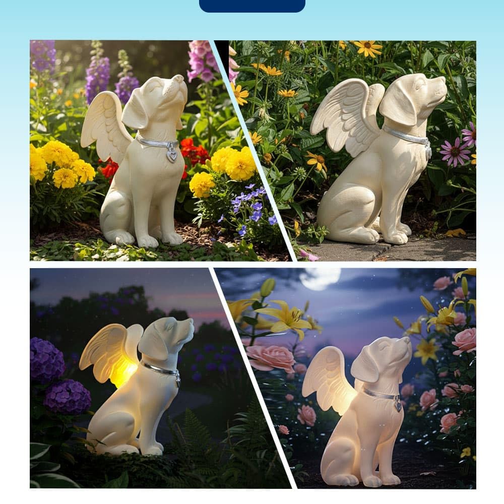 iHeartDogs garden memorial figurine setup demonstrates outdoor decor for reflection.