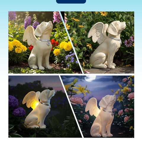 iHeartDogs garden memorial figurine setup demonstrates outdoor decor for reflection.