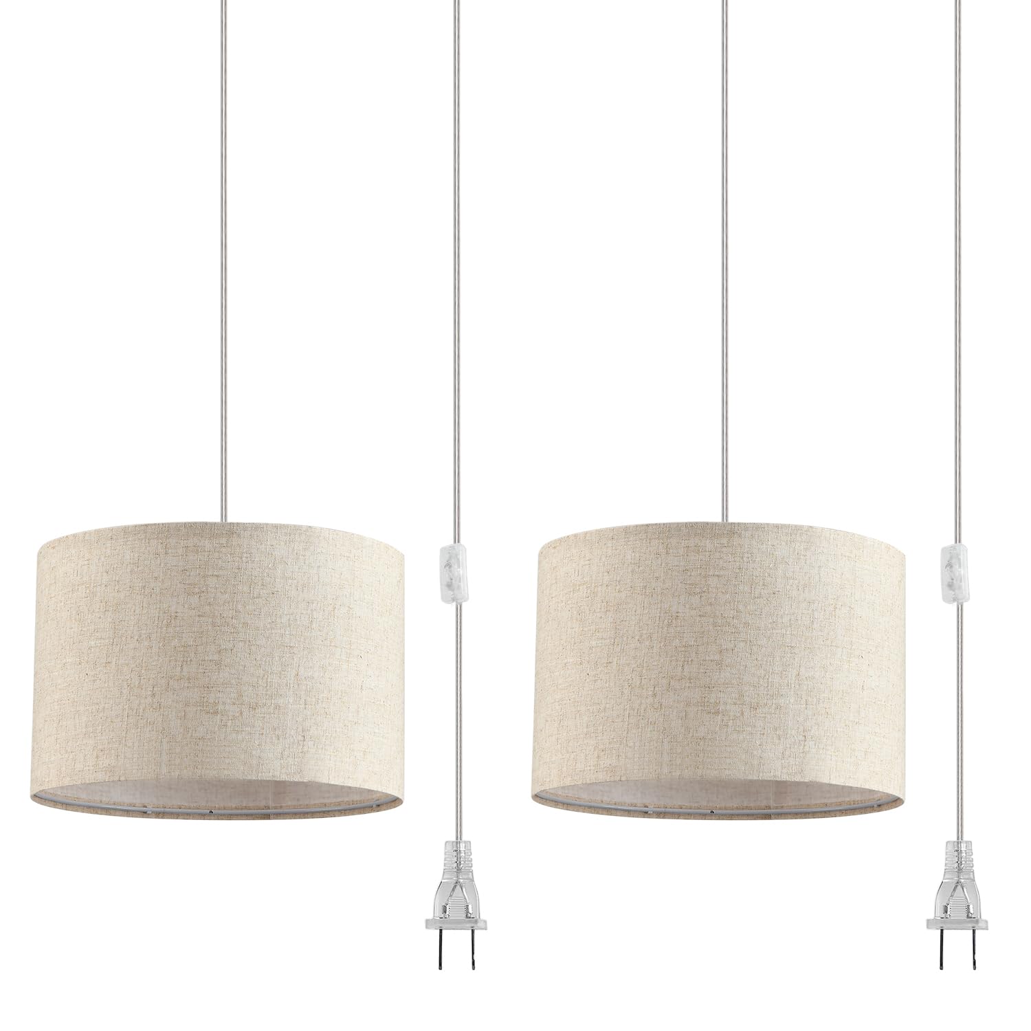 IHENGYANLT 2-pack plug-in pendant lights with beige linen shade for warm ambient lighting.