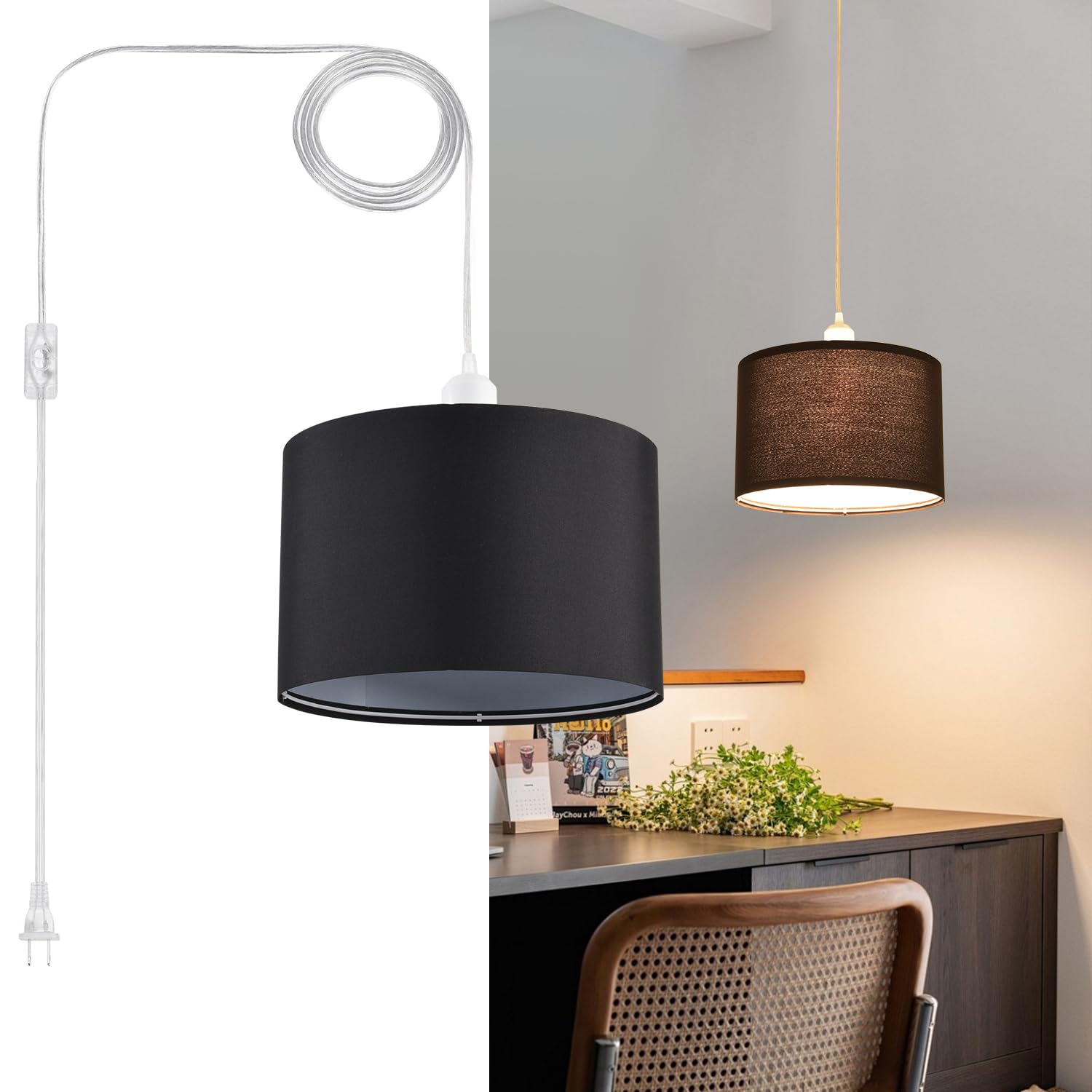 IHENGYANLT black fabric shade adds modern warmth to dining areas.