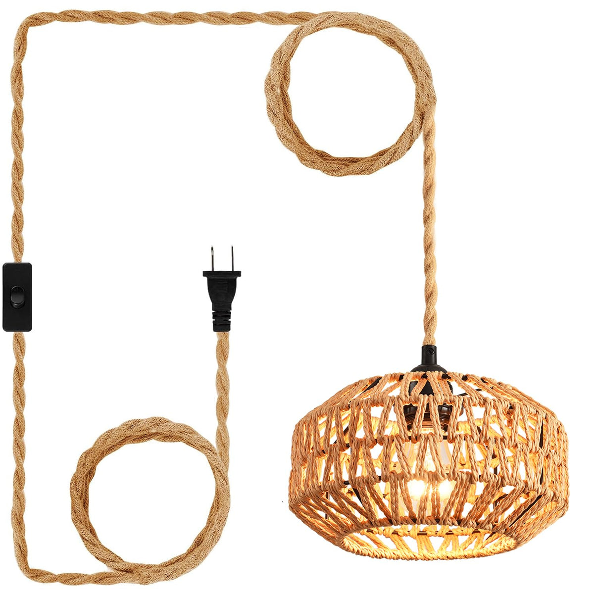 IHENGYANLT plug-in pendant light with woven rattan shade for warm hallway ambiance