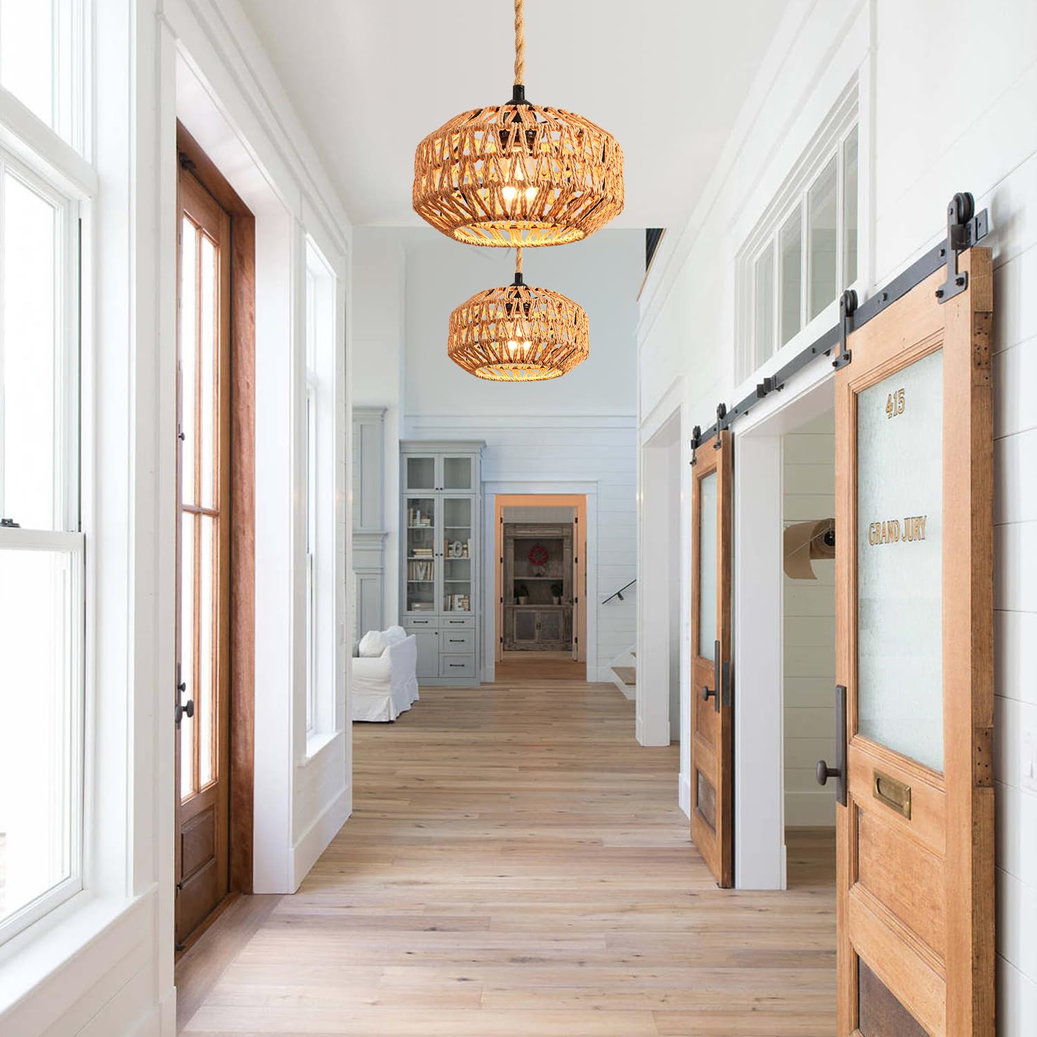 IHENGYANLT rattan chandelier in farmhouse style for dining or living spaces
