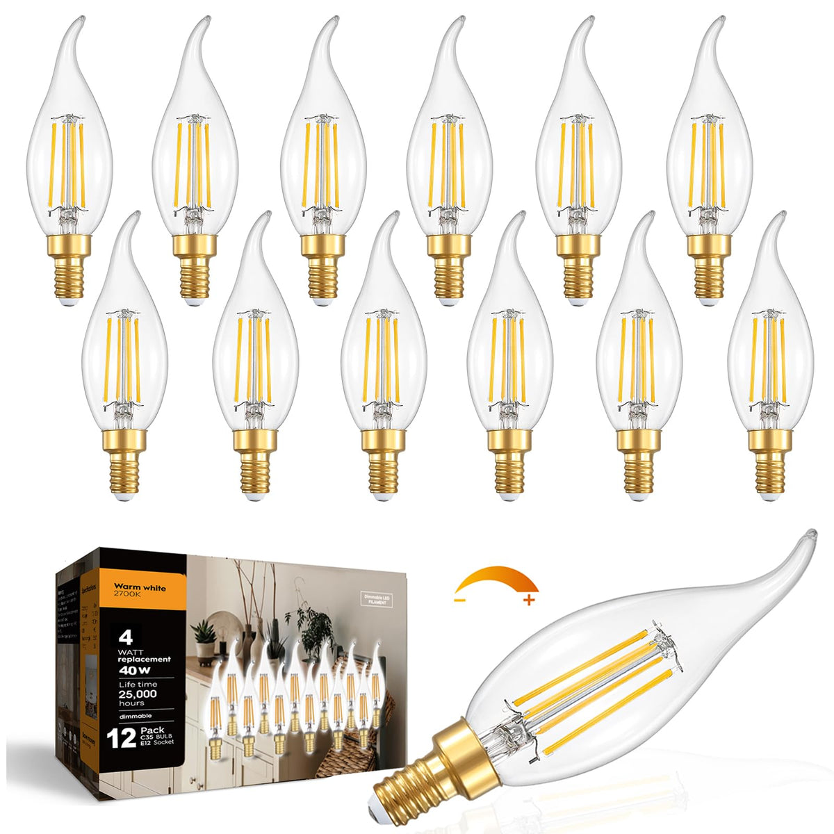 IINVGOOD flame-tip glass candelabra bulb for chandeliers with warm, dimmable glow.