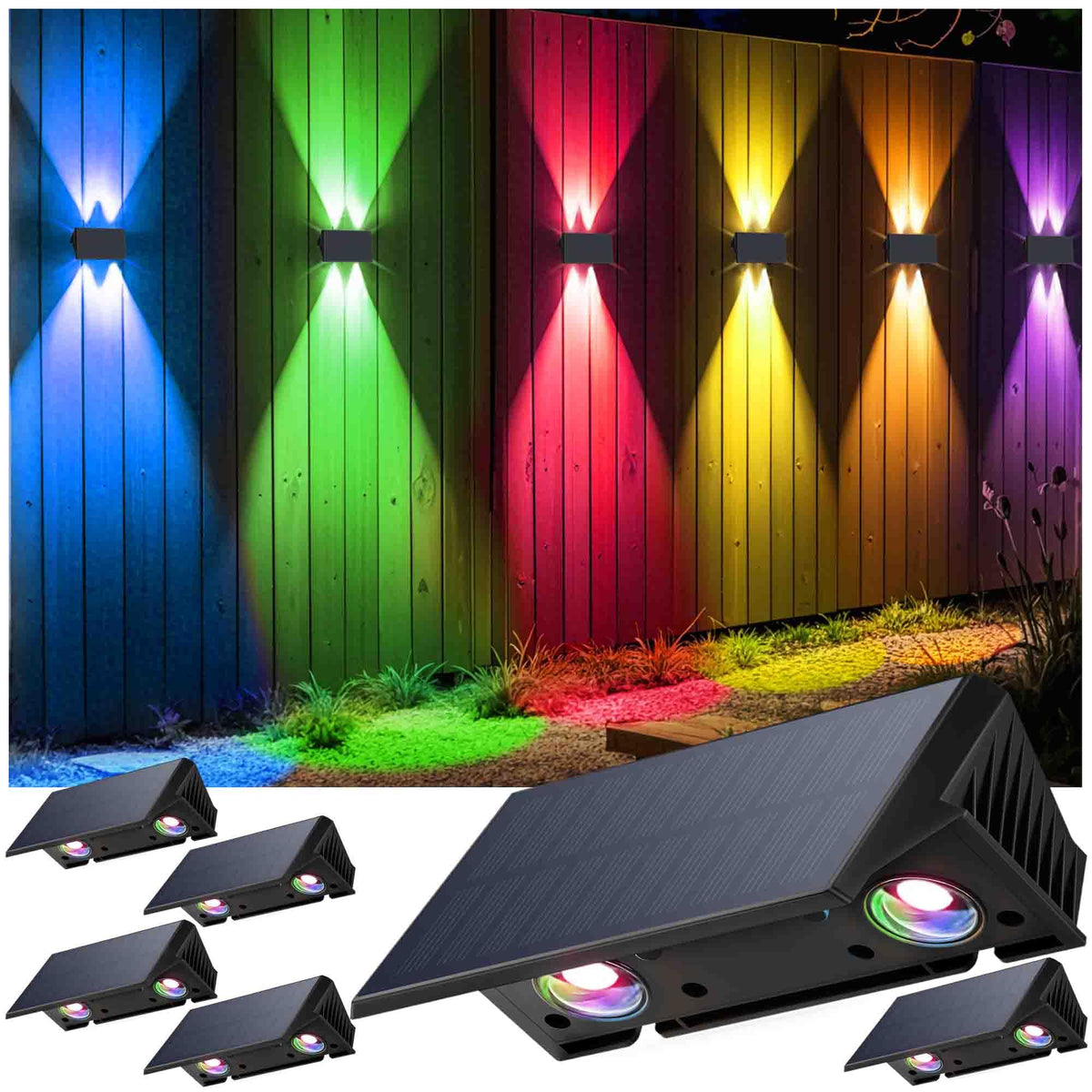 IIRARA fence lights 6-pack front view showing wall mounting and even illumination.