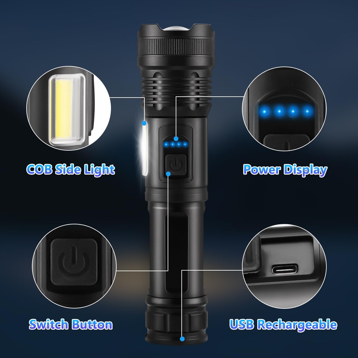 IkeeRuic 7Mode flashlight Type-C charging highlights quick, convenient recharging.