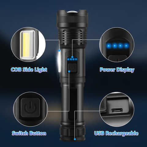 IkeeRuic 7Mode flashlight Type-C charging highlights quick, convenient recharging.