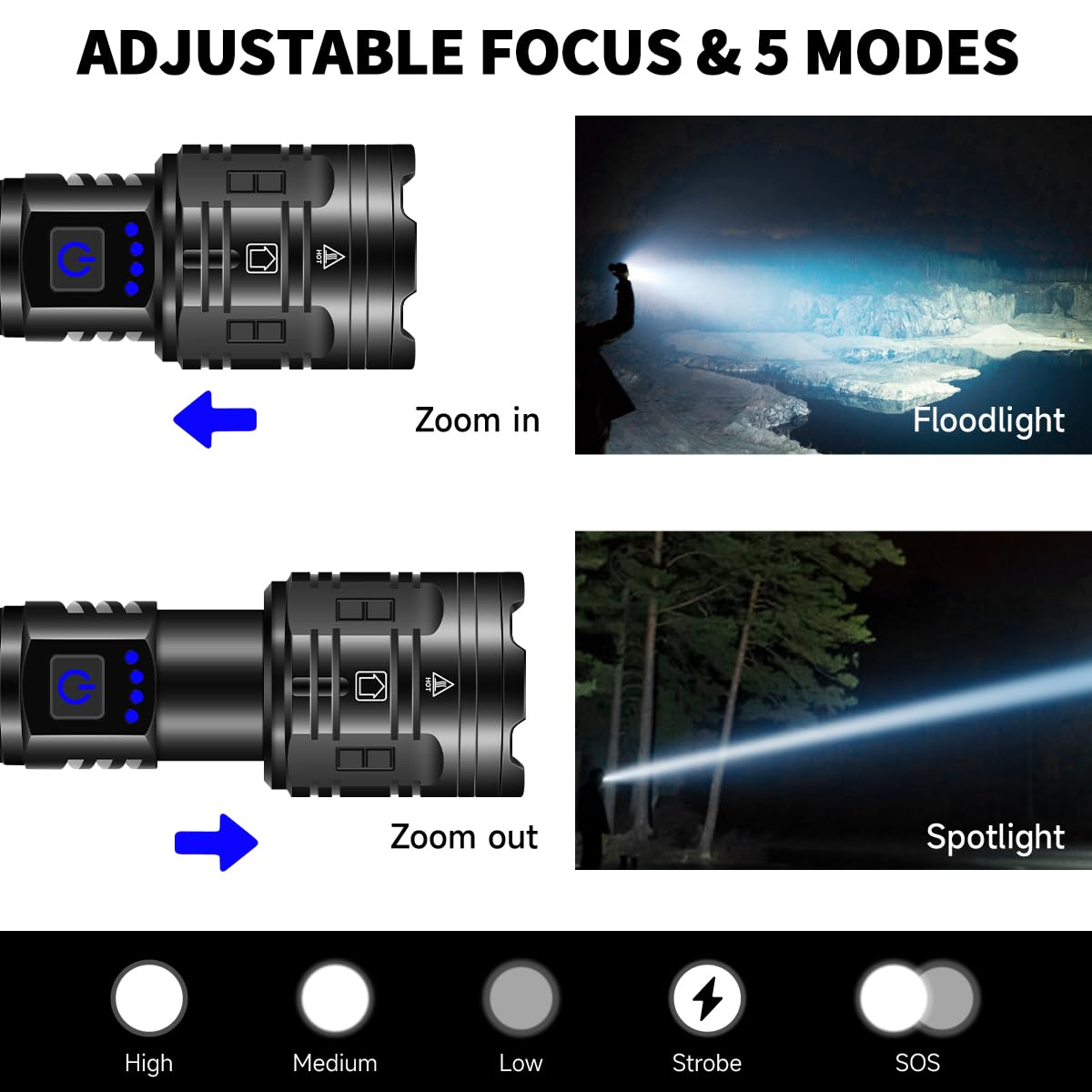 IkeeRuic flashlight in adjustable focus for flood or long-range beam