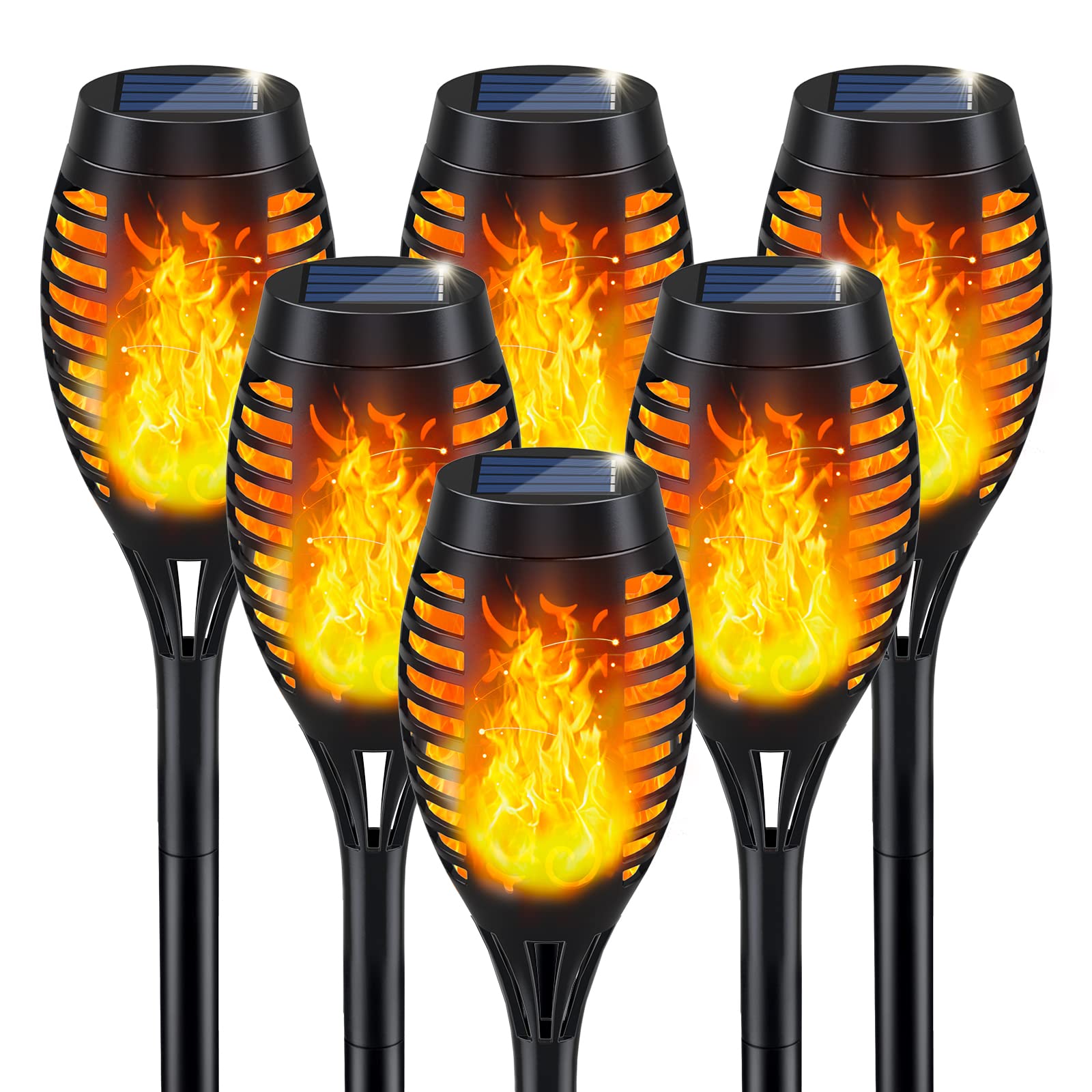 IkeeRuic solar torch light with flickering flame enhances patio ambiance.