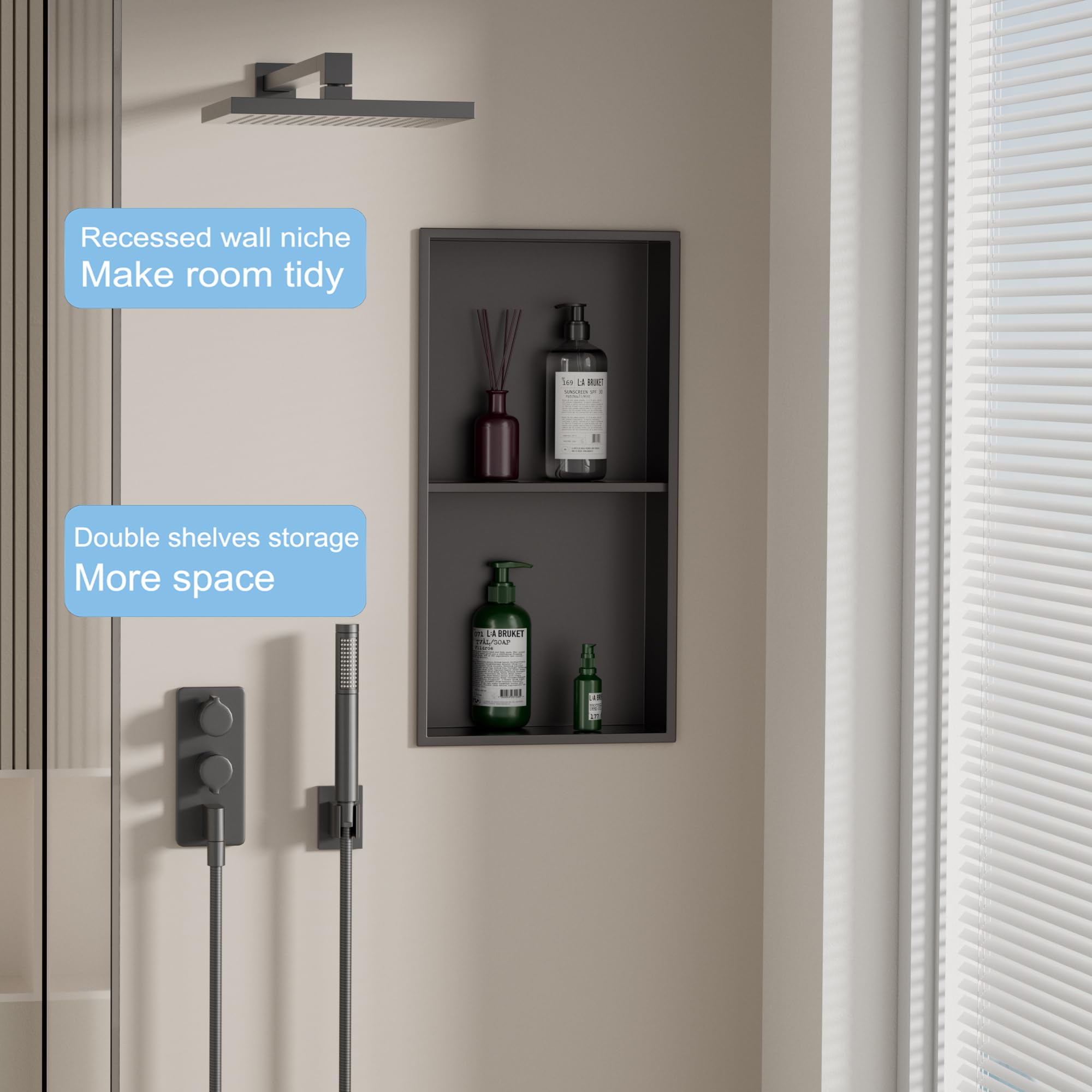 IKITRAEE matte black shower niche installed for tile-free wall integration