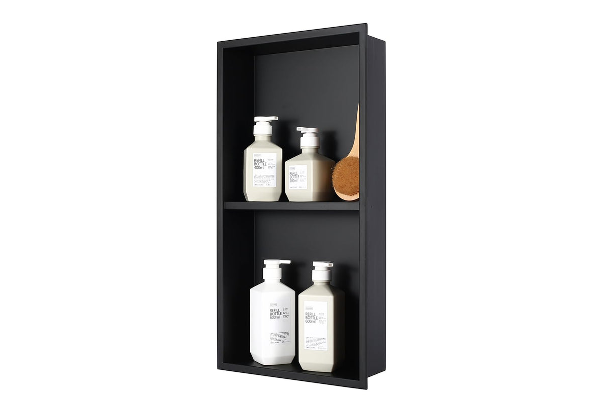 IKITRAEE No Tile Needed Shower Niche front view in matte black for streamlined bathroom storage